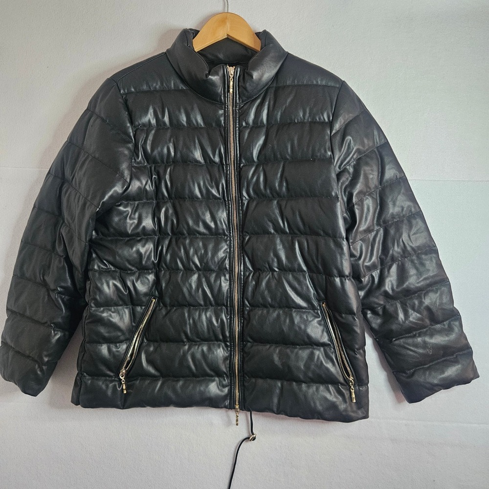 JMcLaughlin Black Faux Leather Goose Down Puffer Jacket Womens XL Quilted Coat
